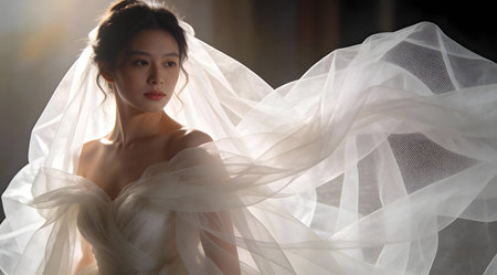 A creative digital illustration depicting Professional white tulle netting layered texture, ethereal fabric art, soft focus backlight, romantic luxury veil mood. This AI-generated artwork features unique visual elements suitable for various commercial and editorial applications. AI-generated illustration.の素材