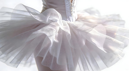 A creative digital illustration depicting Flowing white tulle fabric layers with netted texture, ethereal billows macro, dreamy backlit haze, ballerina grace luxury, pure backdrop, professional illustration. This AI-generated artwork features unique visual elements suitable for various commercial and editorial applications. AI-generated illustration.の素材