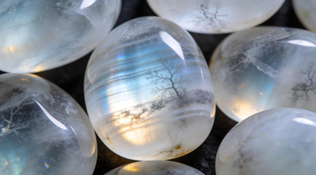 A creative digital illustration depicting Pristine white moonstone gem texture with inclusions, macro gemstone art, internal glow lighting, mystical luxury appeal. This AI-generated artwork features unique visual elements suitable for various commercial and editorial applications. AI-generated illustration.の素材