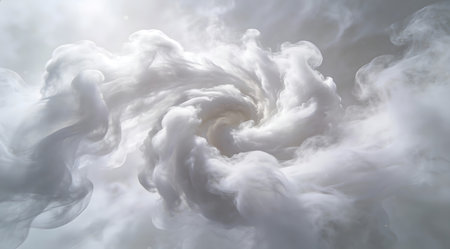 A creative digital illustration depicting Professional illustration of ethereal white mist swirls in motion, volumetric fog details, diffused atmospheric light, abstract vortex composition, dreamy white luxury serenity. This AI-generated artwork features unique visual elements suitable for various commercial and editorial applications. AI-generated illustration.の素材