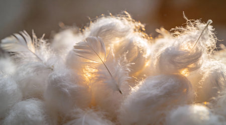 A creative digital illustration depicting Creative art of white feather down clusters texture, soft macro detail, backlit glow, airy and indulgent plushness. This AI-generated artwork features unique visual elements suitable for various commercial and editorial applications. AI-generated illustration.の素材