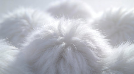 A creative digital illustration depicting High quality digital art depicting fine white fur texture with soft fluffy strands, close-up detail, diffused frontal lighting, cozy yet luxurious vibe, immaculate white tones. This AI-generated artwork features unique visual elements suitable for various commercial and editorial applications. AI-generated illustration.の素材