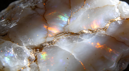 A creative digital illustration depicting Professional stock illustration of white opal vein texture with fire patterns, macro shimmer, angled lighting, jewel-like luxury. This AI-generated artwork features unique visual elements suitable for various commercial and editorial applications. AI-generated illustration.の素材