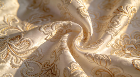 A creative digital illustration depicting Professional commercial art of white brocade embroidered motifs, fabric detail view, golden hour simulation light, ornate and regal luxury, textured whites. This AI-generated artwork features unique visual elements suitable for various commercial and editorial applications. AI-generated illustration.の素材