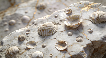 Sophisticated digital artwork showcasing intricate limestone textures with subtle shell embeds and aged patina glow, evoking timeless geological elegance. Ideal for architectural renders, interior design elements, packaging for luxury brands, and educational visuals in paleontology or heritage contexts. Its versatile, organic style enhances commercial project... AI-generated digital illustration. AI-generated illustration.の素材
