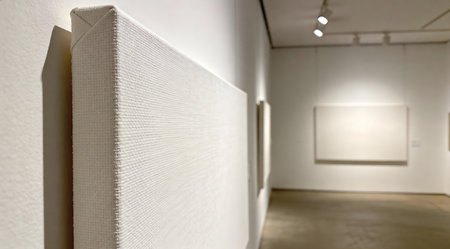 A creative digital illustration depicting Commercial artistic design of white canvas weave texture, taut stretcher, painterly close-up, neutral gallery light, artistic blank luxury. This AI-generated artwork features unique visual elements suitable for various commercial and editorial applications. AI-generated illustration.の素材