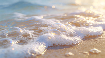 A creative digital illustration depicting Artistic illustration of white sea foam bubble texture on shore, abstract close-up, morning light sparkle, coastal luxury serenity. This AI-generated artwork features unique visual elements suitable for various commercial and editorial applications. AI-generated illustration.の素材