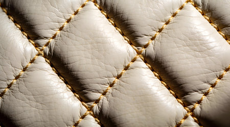A creative digital illustration depicting Artistic rendering of white leather with fine grain and stitching details, macro view, dramatic low-key lighting, sophisticated tactile luxury, commercial quality composition. This AI-generated artwork features unique visual elements suitable for various commercial and editorial applications. AI-generated illustration.の素材