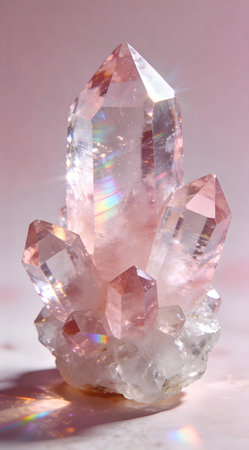 A creative digital illustration depicting Professional digital design of quartz crystal texture faceted, prismatic refractions, sparkling clarity, clear with pink hues. This AI-generated artwork features unique visual elements suitable for various commercial and editorial applications. AI-generated illustration.の素材