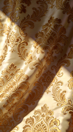 A creative digital illustration depicting Luxury digital rendering of intricate gold brocade fabric pattern, repeating motif close-up, ornate side lighting casting shadows, opulent illustration, antique gold and cream colors. This AI-generated artwork features unique visual elements suitable for various commercial and editorial applications. AI-generated illustration.の素材