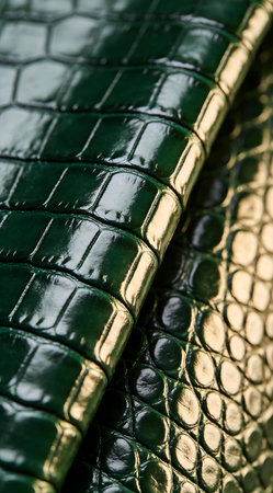 A creative digital illustration depicting Elegant stock render of crocodile embossed leather, raised scale motifs, dramatic side glow, premium deep green. This AI-generated artwork features unique visual elements suitable for various commercial and editorial applications. AI-generated illustration.の素材