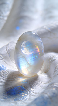 A creative digital illustration depicting Elegant commercial art of moonstone iridescent texture, milky surface with flashes, subtle backlighting, mystical opulent mood, soft whites and blues. This AI-generated artwork features unique visual elements suitable for various commercial and editorial applications. AI-generated illustration.の素材