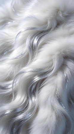 Sophisticated digital artwork evoking indulgent luxury through plush, wavy textures and soft, diffused lighting in cool arctic white and silver palette. Ideal for upscale fashion textiles, premium packaging, cosmetic branding, and luxury product visuals targeting high-end consumers. Versatile style suits digital graphics, apparel prints, and elegant marketing... AI-generated digital illustration. AI-generated illustration.の素材