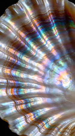 A creative digital illustration depicting Digital commercial rendering of abalone shell iridescence, wavy layers, close-up, rainbow sheen lighting, oceanic luxury, multicolored pearl glow. This AI-generated artwork features unique visual elements suitable for various commercial and editorial applications. AI-generated illustration.の素材