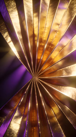 Elegant digital artwork embodying opulent metallic textures with dynamic pleats and radiant glow under dramatic illumination. Ideal for fashion textiles, luxury branding, event graphics, packaging designs, and upscale marketing materials. Captures glamorous disco vibe for creative professionals seeking premium visual appeal in commercial projects. . AI-generated digital illustration. AI-generated illustration.の素材