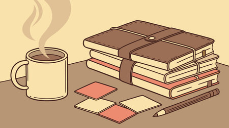 Warm digital artwork bathed in soft golden hour lighting and earth tones, cultivating an inviting cozy mood for productive workspaces. Ideal for business productivity visuals, motivational graphics, office organization themes, and professional promotional materials. Versatile across digital banners, social media posts, ads, and corporate prints for executives a. AI-generated vector illustration. AI-generated illustration.のイラスト素材