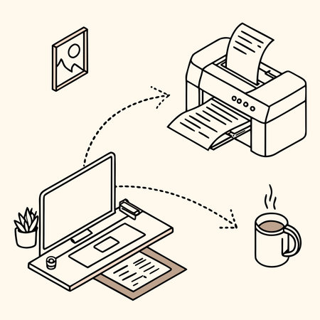A creative digital illustration depicting Productive digital art of office and work minimal line...