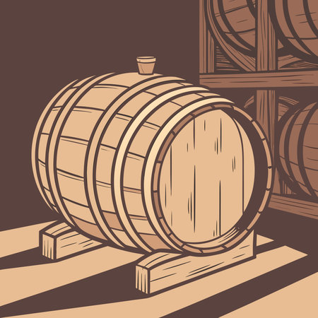 Sophisticated digital illustration with rich oaky brown tones and dramatic barrel room shadows,...