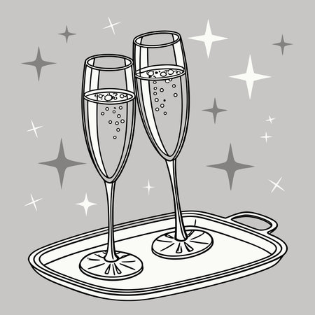 Elegant digital illustration in cool silver tones capturing a celebratory mood with festive sparkles and refined details. Perfect for luxury event invitations, promotional graphics, beverage branding, and holiday promotional materials. Versatile for hospitality, wedding, and corporate celebration designs across print and digital formats. . AI-generated vector illustration. AI-generated illustration.のイラスト素材
