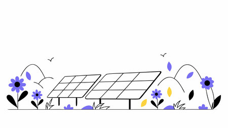 Dynamic digital landscape illustration blending renewable energy infrastructure with lush natural...