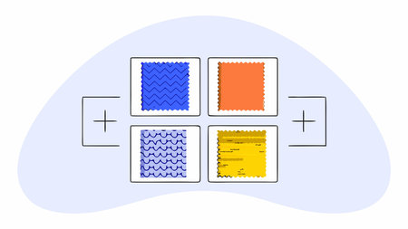 Elegant digital artwork presenting a cohesive grid of varied fabric textures and vibrant hues,...
