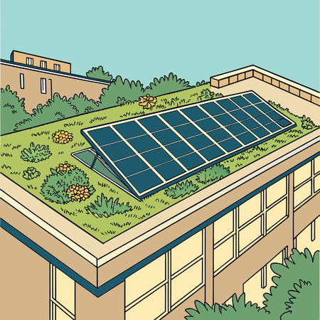 Vibrant digital illustration blending sustainable architecture with natural elements, evoking an...