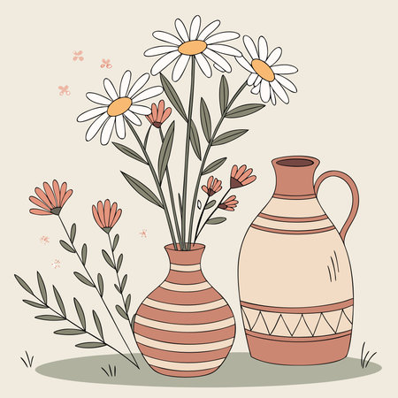 Charming digital artwork in soft organic colors and diffused natural lighting, evoking artisanal everyday charm through professional lifestyle design. Ideal for business applications in home decor prints, lifestyle branding, wellness promotional, and interior design projects. Appeals to creative professionals and nature enthusiasts with its warm, inviting moo. AI-generated vector illustration. AI-generated illustration.のイラスト素材