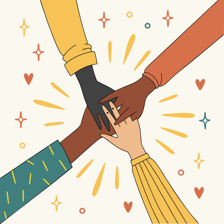 Vector illustration of hands of diverse people holding each other. Concept of friendship, unity,...