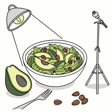 Crisp digital illustration in studio overhead style, radiating healthy eating vibrancy through fresh...