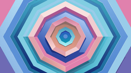 Contemporary abstract geometric style featuring layered forms in soft pastel hues of blue and pink,...
