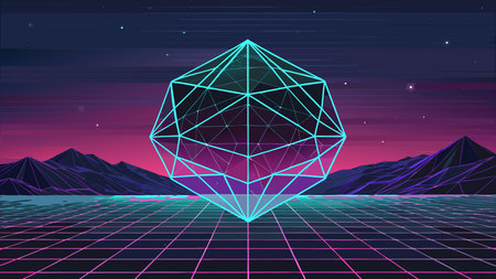 Minimalist ethereal style featuring subtle wireframe structures and faint neon cyan-pink glows in...