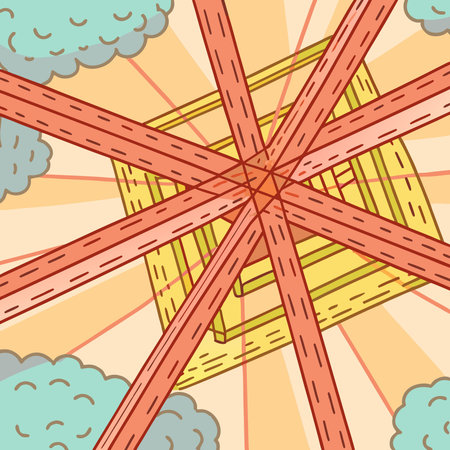 Dynamic geometric style with bold crimson hues and intersecting lines forming a tense grid focal...