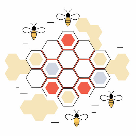 A creative digital illustration depicting Precise geometric mosaic art of hexagonal hives in burnt...