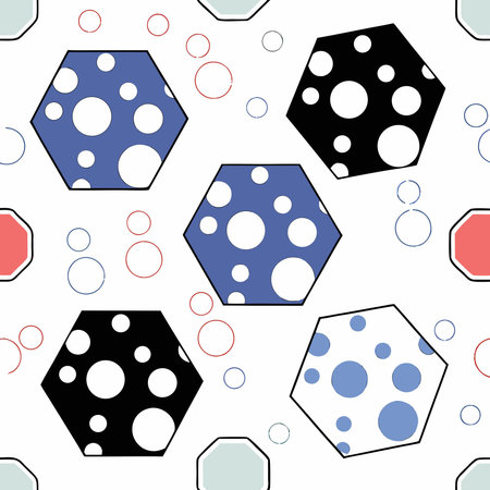 Energetic abstract composition with playful polka dot hexagons in varying sizes scattered...