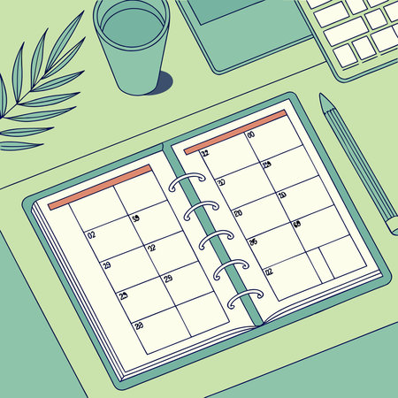 Professional flat lay digital illustration in a motivational tone, featuring fresh green and blue...