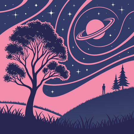 Dynamic abstract style featuring swirling motions, particle animations, and ambient glow effects in cosmic hues of navy blues and luminous pinks. Seamless composition evokes mesmerizing interstellar ambiance with infinite scalability. Versatile for business projects like web design elements, product packaging, apparel patterns, multimedia screensavers, and . AI-generated vector illustration. AI-generated illustration.のイラスト素材