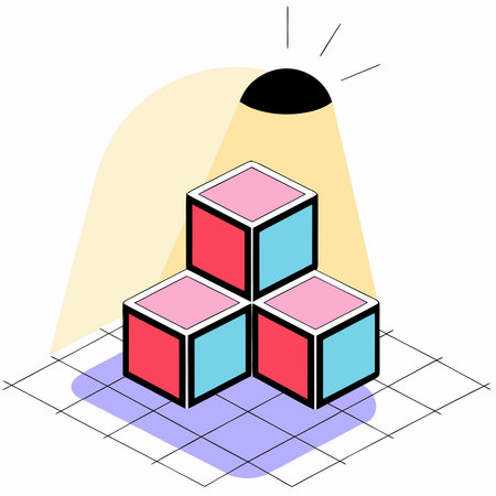 A creative digital illustration depicting 3D pop art  of stacked cubes in primary colors, isometric...
