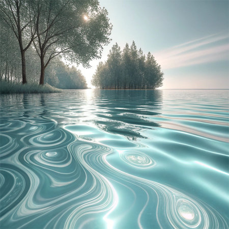 Elegant digital creation blending fluid wave dynamics and subtle shimmering effects in cool aqua and silver palette, evoking serenity and subtle motion. Suited for luxury wellness branding, app interfaces, website headers, and print materials in spa or meditative industries. Versatile for designers needing tranquil, sophisticated visuals in business graphics. . AI-generated vector illustration. AI-generated illustration.のイラスト素材