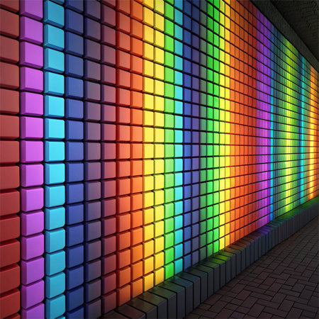 Energetic pixelated mosaic style bursting with rainbow spectrum hues and dynamic LED-inspired...
