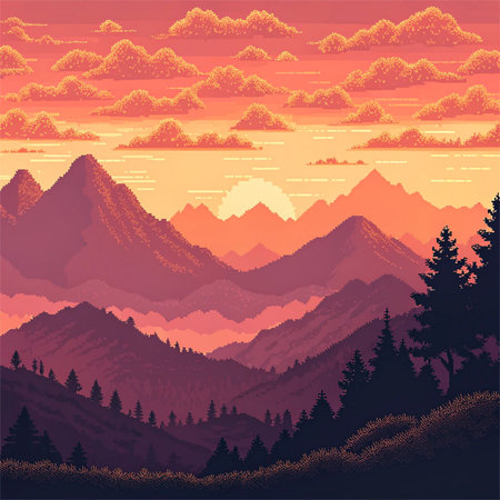 A creative digital illustration depicting Pixel art landscape of a retro mountain range in 8-bit...