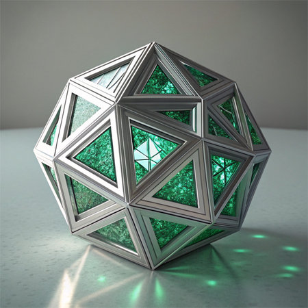 A creative digital illustration depicting Futuristic 3D polyhedral crystal structure in emerald and...