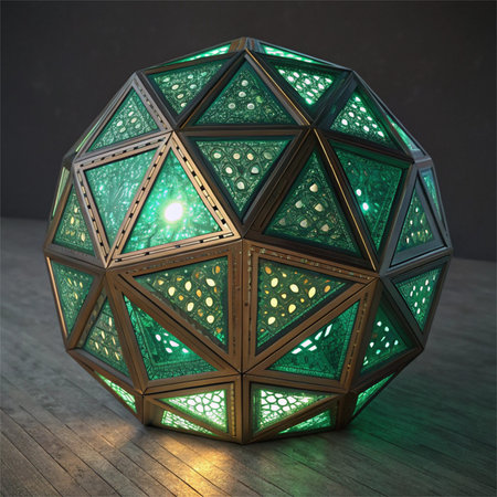 Sophisticated 3D rendered artwork featuring dynamic lighting on multifaceted surfaces in vibrant...