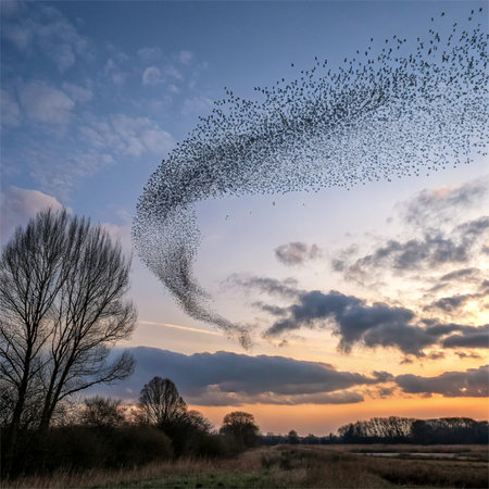 Dynamic digital artwork with swirling fluid motions and dramatic twilight backlight, conveying...
