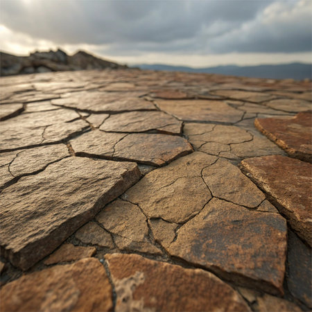 Intricate macro digital artwork showcasing rugged surface details and subtle fissures under soft...
