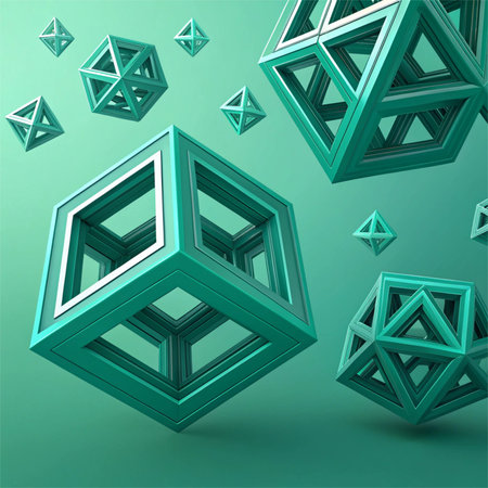 Captivating abstract 3D composition in futuristic business graphic style, employing volumetric...