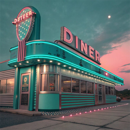 This digital creation embodies a nostalgic 1950s aesthetic through luminous neon reflections and...