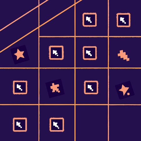 Vibrant pixel art design featuring dynamic retro icons arranged in a precise grid, illuminated by...