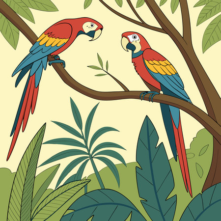 Vibrant digital artwork featuring lively tropical avian motifs with vivid hues and dynamic dappled...