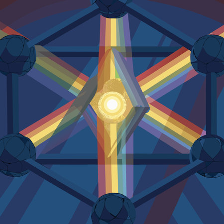 Intricate digital artwork featuring angular polyhedral networks and dazzling light scattering in...