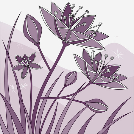 A creative digital illustration depicting 3D rendered crystal flowers in translucent purples, faceted refractions, ethereal inner glow, fantasy botanical art. This AI-generated artwork features unique visual elements suitable for various commercial and editorial applications. AI-generated illustration.のイラスト素材